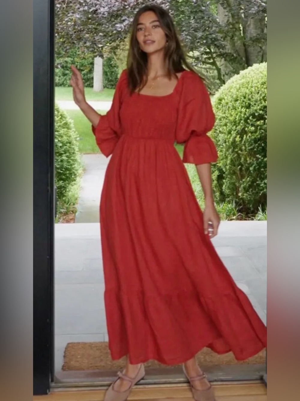 Red Puff-Sleeve linen Maxi Dress - Women